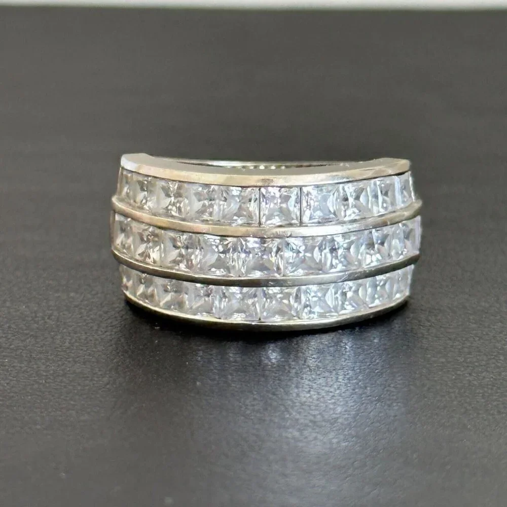 14K White Gold Three Row Clear CZ Wide Chunky Statement Band Ring Size 6.75